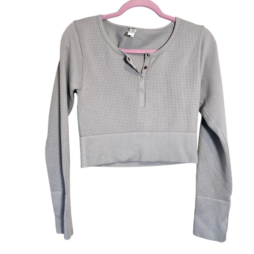 Offline by Aerie Grey Waffle Knit Cropped Sweater L Casual Fall Thermal Warm